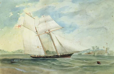 Farm Cove et Fort Macquarie, avec un voilier au premier plan, vers 1859-68